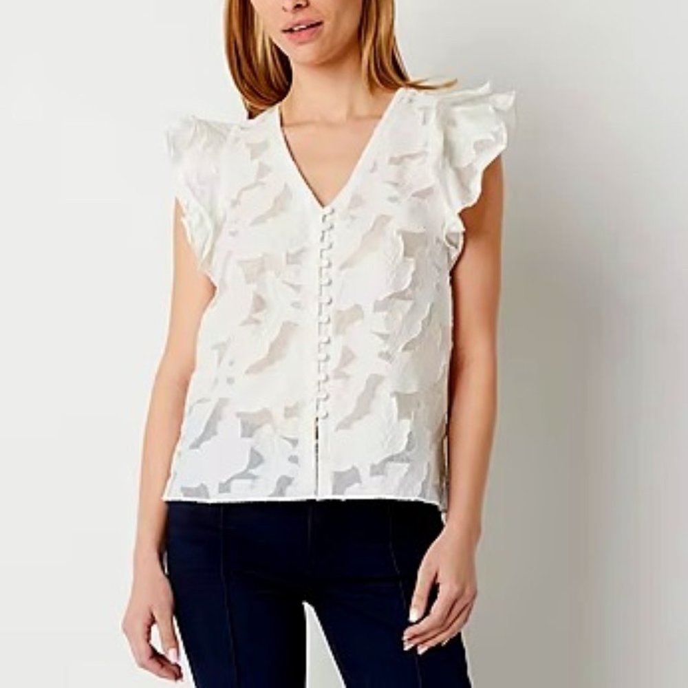 NWT RYEGRASS RUFFLE SLEEVE BUTTON UP JACQUARD TOP (S, M, & XXL)